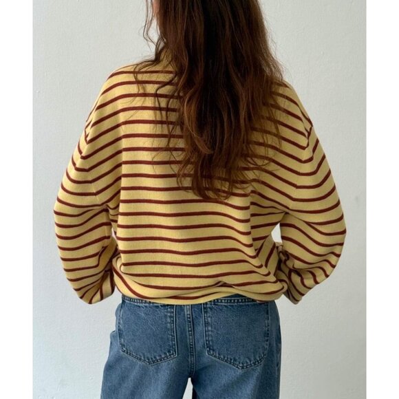 Women's Oversized Striped Knit Polo Sweater Color Block Casual Streetwear - Picture 3 of 5